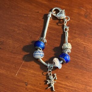 Silver bag Charm with Blue Beads and Cupid
